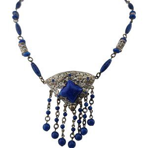 Antique Signed Czechoslovakia Lapis Glass Dangle Necklace (A3331)